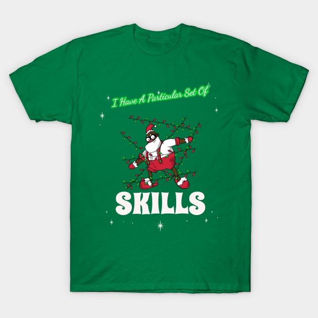 “I Have A Particular Set Of Skills” Stealthy Black Santa T-Shirt by Tickle Shark Designs